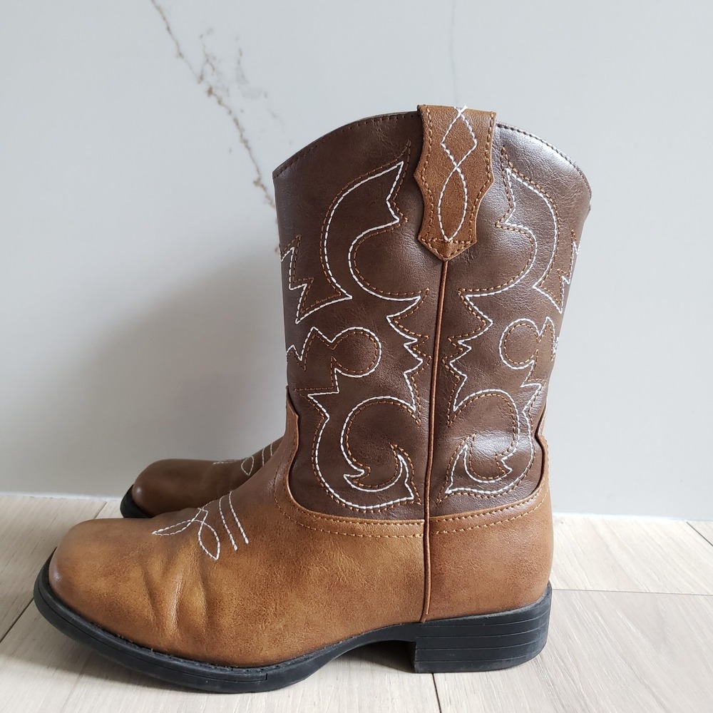 Western Cowboy Boots Kids Size 3 Brown Two-Tone White Stitch Wonder Nation
